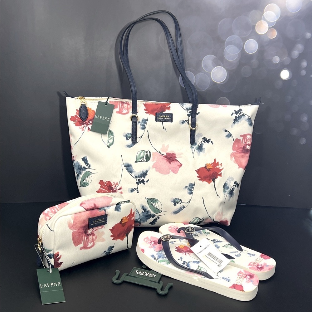 RALPH LAUREN WATER COLOR FLORAL TOTE COSMETIC BAG AND SANDAL SET MULTICOLOR